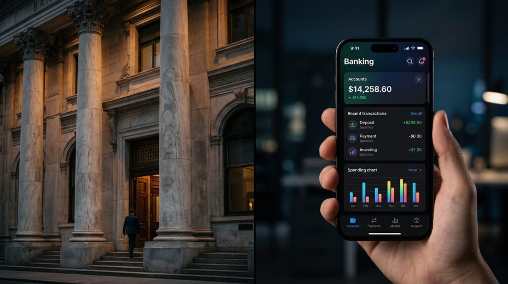 Composição financeira que ilustra fintechs vs. bancos tradicionais