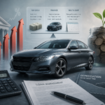 An editorial financial illustration about the decision to finance a car, showing a sleek car in the foreground with visible tradeoffs around it: rising interest-rate arrows, a calculator, loan contract papers, a bank building silhouette, a savings jar or investment chart growing with compound interest, and a subtle comparison between paying cash versus financing versus waiting to buy later. Include a balanced, modern composition that conveys caution and smart money management, with the car depicted as a depreciating asset rather than a luxury dream. Clean newsroom style, realistic yet slightly stylized, neutral background, cool blue and gray palette with restrained accents of green and red, high detail, soft dramatic lighting, no text, no logos, no branding.