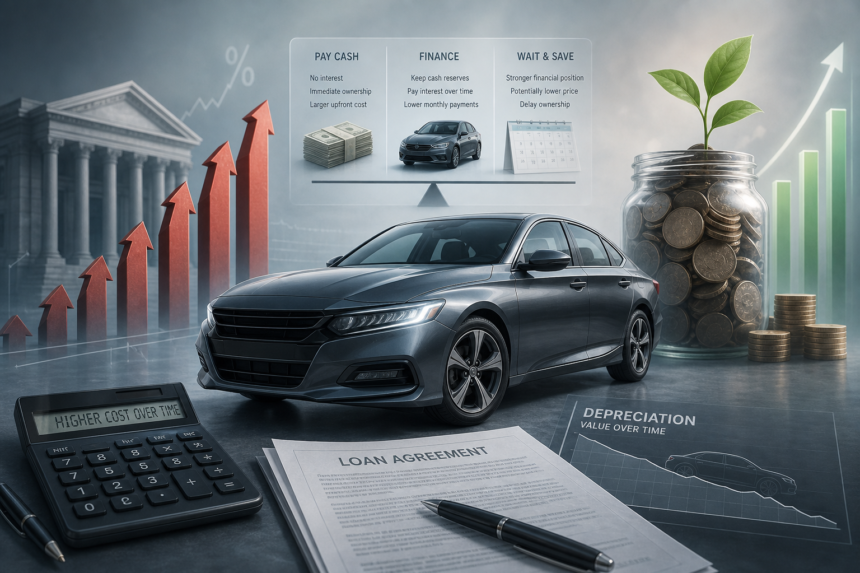An editorial financial illustration about the decision to finance a car, showing a sleek car in the foreground with visible tradeoffs around it: rising interest-rate arrows, a calculator, loan contract papers, a bank building silhouette, a savings jar or investment chart growing with compound interest, and a subtle comparison between paying cash versus financing versus waiting to buy later. Include a balanced, modern composition that conveys caution and smart money management, with the car depicted as a depreciating asset rather than a luxury dream. Clean newsroom style, realistic yet slightly stylized, neutral background, cool blue and gray palette with restrained accents of green and red, high detail, soft dramatic lighting, no text, no logos, no branding.