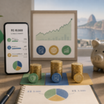 Editorial finance illustration of a beginner investor building a balanced portfolio with R$10,000, shown as a clean modern desk scene with a smartphone displaying simple portfolio allocation bars, stacked coins, a piggy bank, a shield symbolizing emergency reserve, a growth chart with modest upward trend, and subtle icons representing fixed income and diversified assets; visual metaphor of dividing funds into three clear portions, calm trustworthy atmosphere, Brazilian context, soft natural light, muted blue and green palette with warm gold accents, realistic yet polished, high-detail, minimal clutter, no text, no logos, no branding, landscape composition