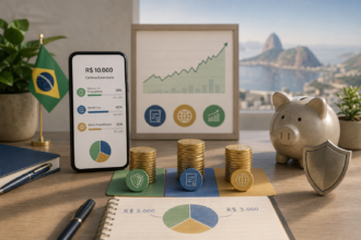 Editorial finance illustration of a beginner investor building a balanced portfolio with R$10,000, shown as a clean modern desk scene with a smartphone displaying simple portfolio allocation bars, stacked coins, a piggy bank, a shield symbolizing emergency reserve, a growth chart with modest upward trend, and subtle icons representing fixed income and diversified assets; visual metaphor of dividing funds into three clear portions, calm trustworthy atmosphere, Brazilian context, soft natural light, muted blue and green palette with warm gold accents, realistic yet polished, high-detail, minimal clutter, no text, no logos, no branding, landscape composition