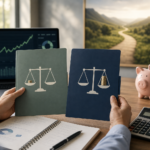 Editorial finance illustration of a long-term retirement investment decision: a clean, modern desk scene with a hand comparing two retirement plan folders labeled only by visual cues, one showing a lighter tax burden and one showing a heavier tax burden, a growing investment chart in the background, a diversified fund represented by subtle icons for bonds, stocks, and market trends, and a distant path leading toward a secure future. Include a polished calculator, documents, and a piggy bank or savings jar, with a balance between cautious optimism and practical analysis. Sophisticated corporate color palette, soft natural light, realistic details, high-end magazine style, no visible text, no logos, no branding.