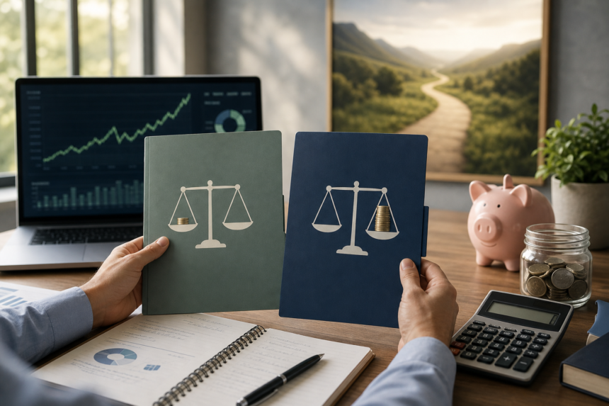 Editorial finance illustration of a long-term retirement investment decision: a clean, modern desk scene with a hand comparing two retirement plan folders labeled only by visual cues, one showing a lighter tax burden and one showing a heavier tax burden, a growing investment chart in the background, a diversified fund represented by subtle icons for bonds, stocks, and market trends, and a distant path leading toward a secure future. Include a polished calculator, documents, and a piggy bank or savings jar, with a balance between cautious optimism and practical analysis. Sophisticated corporate color palette, soft natural light, realistic details, high-end magazine style, no visible text, no logos, no branding.