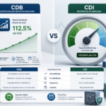 Editorial financial illustration of a Brazilian banking and investing concept, showing a clean split-screen comparison between a CDB investment certificate and the CDI reference rate: on one side a realistic bank-issued fixed-income investment card or app interface with a rising yield line and percentage labels, on the other side a benchmark gauge or market rate dial marked as a comparison reference. Include subtle visual cues of money growth, interest rates, and a simple comparison table motif, plus an understated safety icon suggesting FGC protection and a small calendar/term indicator for fixed and daily liquidity options. Modern minimal layout, professional newsroom style, crisp typography-like shapes without any readable text, blue and green finance palette, soft gradients, high clarity, polished vector-meets-3D infographic aesthetic, neutral background, no logos, no branding, no watermarks.
