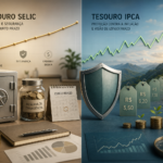 Editorial financial illustration of two Brazilian government bonds as a split composition: on the left, Tesouro Selic represented by a calm, stable path with a safety vault, emergency fund jar, short-term calendar, and a smooth upward line with minimal fluctuation; on the right, Tesouro IPCA represented by a long-term growth path with a shield against inflation, rising price tags fading into the background, a distant retirement horizon, and a more jagged line that ultimately trends upward. Show money symbols, subtle charts, and secure public bond imagery in a clean modern office-finance aesthetic, with warm neutral tones on the Selic side and cooler blue-green tones on the IPCA side. Emphasize the contrast between short-term liquidity and long-term inflation protection, with polished editorial lighting, realistic 3D objects, crisp composition, high detail, no text, no logos, no branding.