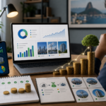 Editorial-style finance illustration of a Brazilian investor building a dividend portfolio: a calm, modern workspace with a laptop showing a clean investment dashboard, a phone with stock and real estate fund icons, a small stack of coins growing into a tidy tree or upward staircase symbolizing compounding, and subtle monthly contribution calendars and dividend flow arrows. Include a mix of blue-chip company symbols and real estate fund imagery represented abstractly, with balanced diversification across a few asset cards. Warm, hopeful atmosphere, realistic lighting, polished infographic-meets-photoreal style, soft blue and green palette, high detail, shallow depth of field, no readable text, no logos, no branding, no watermark.
