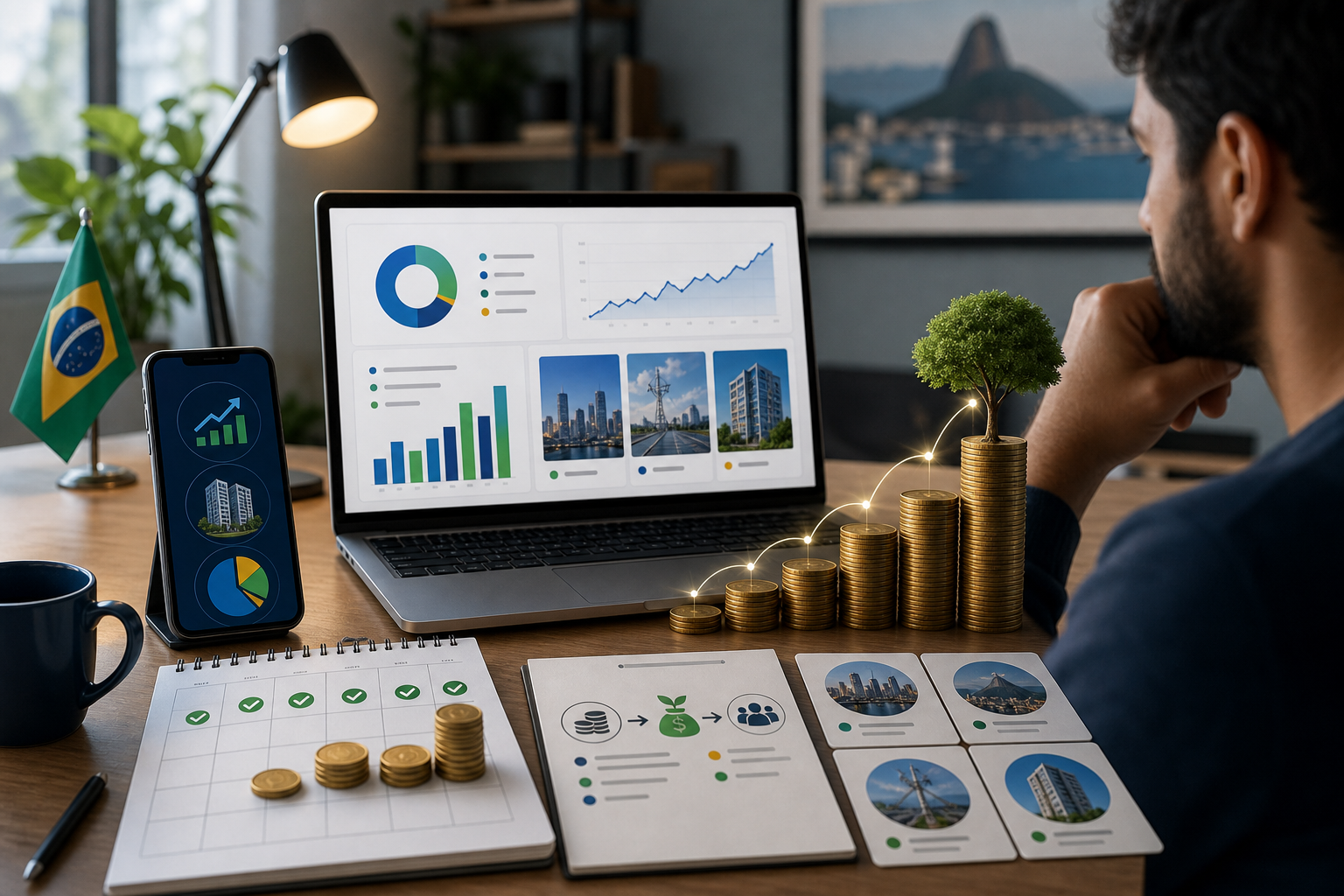 Editorial-style finance illustration of a Brazilian investor building a dividend portfolio: a calm, modern workspace with a laptop showing a clean investment dashboard, a phone with stock and real estate fund icons, a small stack of coins growing into a tidy tree or upward staircase symbolizing compounding, and subtle monthly contribution calendars and dividend flow arrows. Include a mix of blue-chip company symbols and real estate fund imagery represented abstractly, with balanced diversification across a few asset cards. Warm, hopeful atmosphere, realistic lighting, polished infographic-meets-photoreal style, soft blue and green palette, high detail, shallow depth of field, no readable text, no logos, no branding, no watermark.