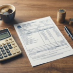Holerite impresso ao lado de calculadora e duas pilhas de moedas representando salario bruto e liquido