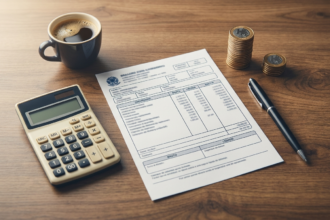 Holerite impresso ao lado de calculadora e duas pilhas de moedas representando salario bruto e liquido