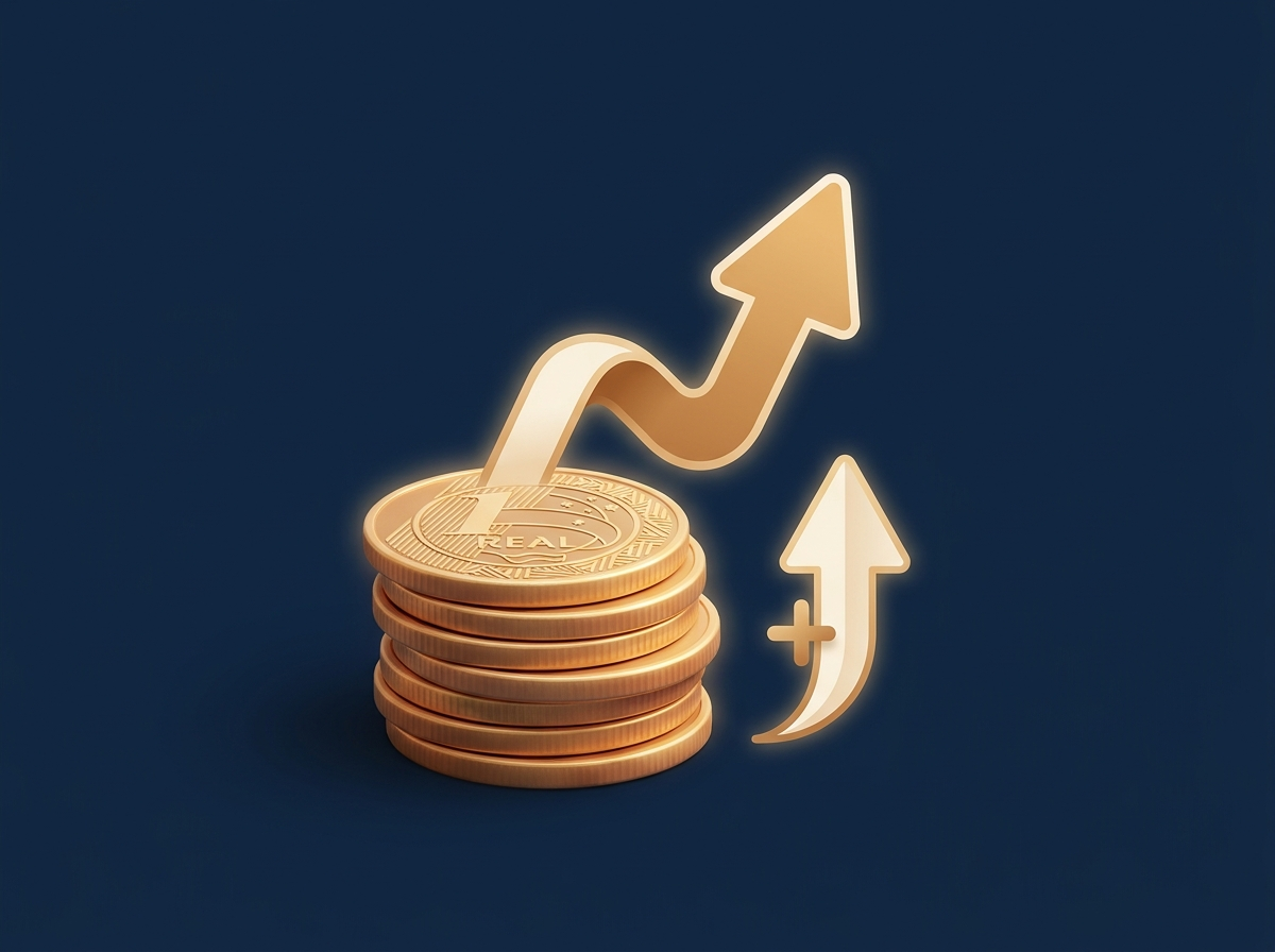 Ilustracao com pilha de moedas e setas representando o rendimento do Tesouro IPCA como inflacao mais taxa fixa