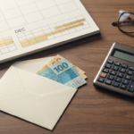 Calendario de fim de ano com marcacoes em novembro e dezembro ao lado de envelope com dinheiro representando o 13o salario