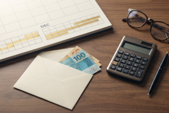 Calendario de fim de ano com marcacoes em novembro e dezembro ao lado de envelope com dinheiro representando o 13o salario