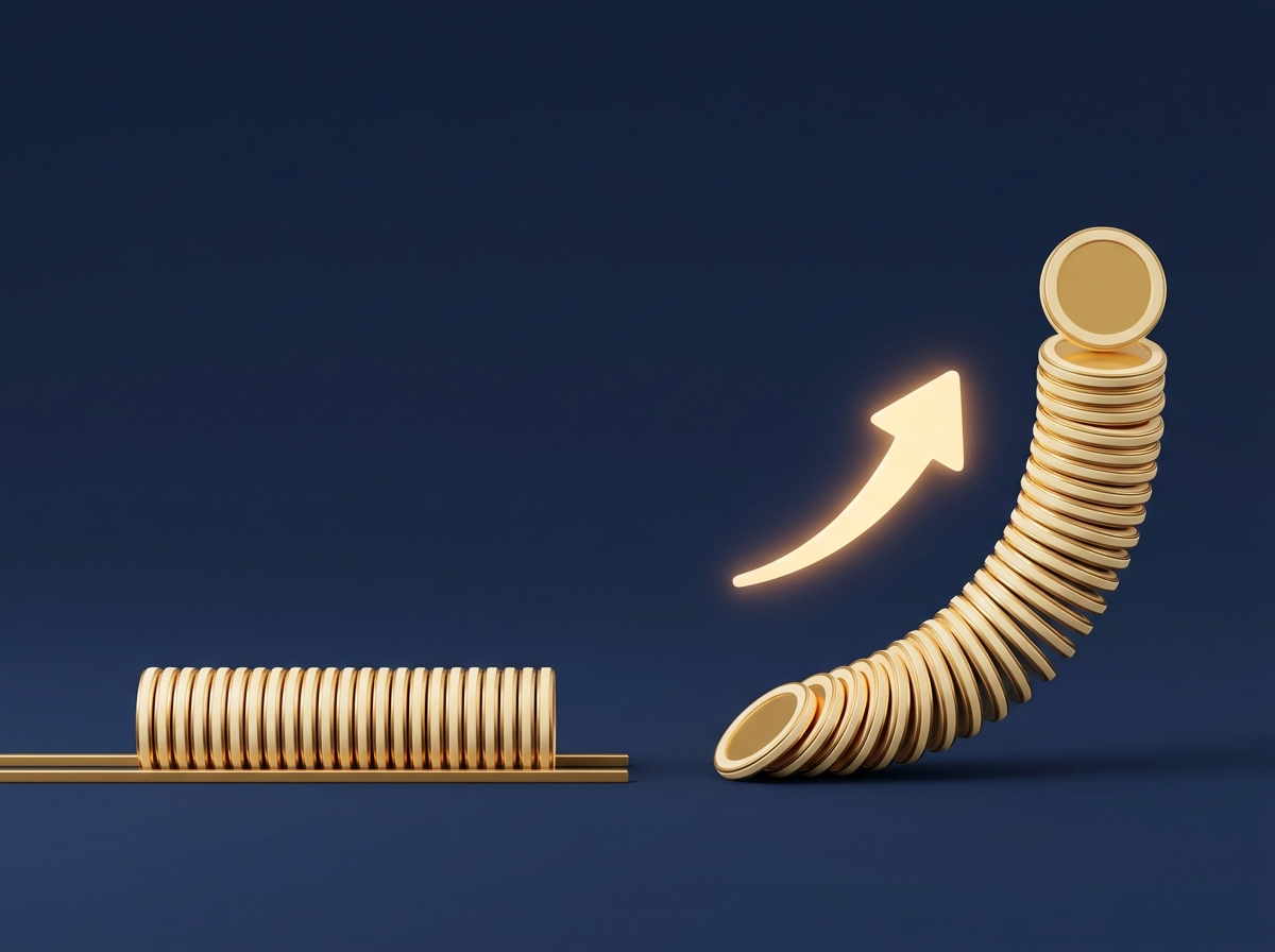 Comparacao visual entre juros simples (linear) e juros compostos (curva exponencial) usando pilhas de moedas