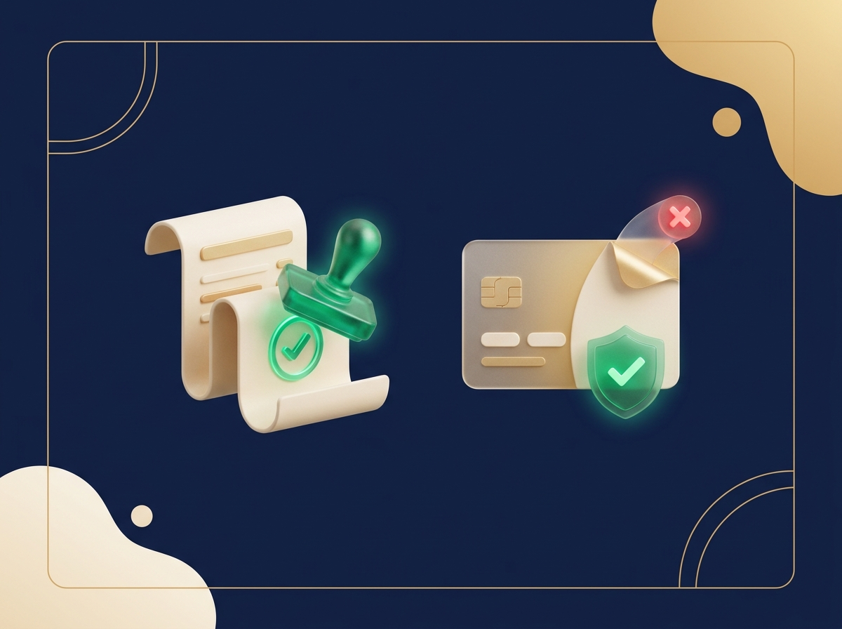 Ilustracao de boleto com carimbo de quitado e escudo verde substituindo restricao de credito