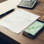 Formulario DARF impresso ao lado de calculadora, celular com grafico e moedas representando o Imposto de Renda sobre venda de acoes