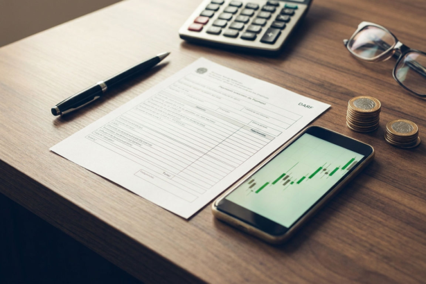 Formulario DARF impresso ao lado de calculadora, celular com grafico e moedas representando o Imposto de Renda sobre venda de acoes