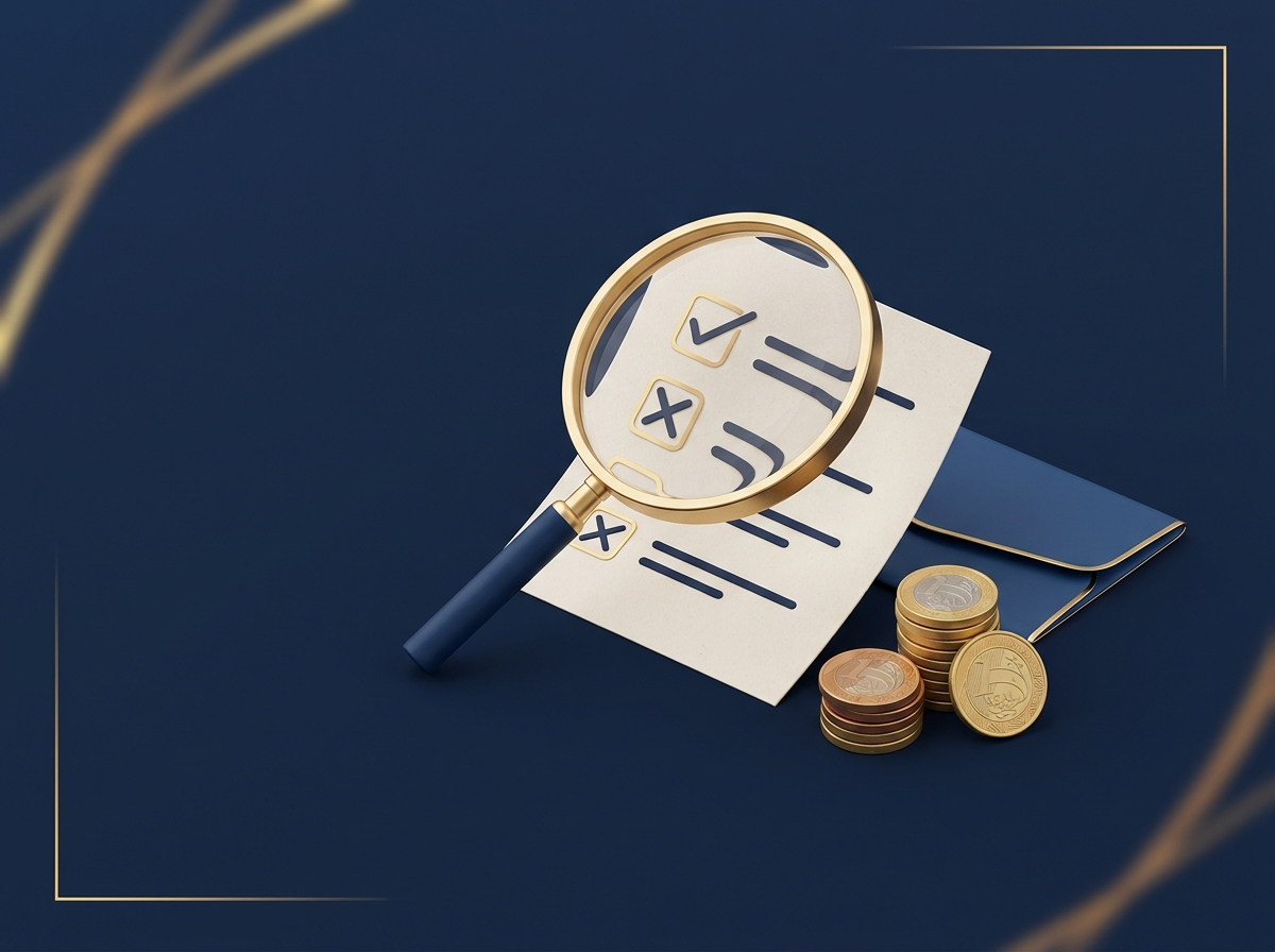 Ilustracao com lupa sobre lista de criterios ticados e nao ticados representando as situacoes que obrigam a declarar o IR