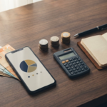 Mesa organizada com R$ 1.000 em cedulas, celular mostrando grafico de portfolio e moedas separadas em pilhas representando alocacao inicial