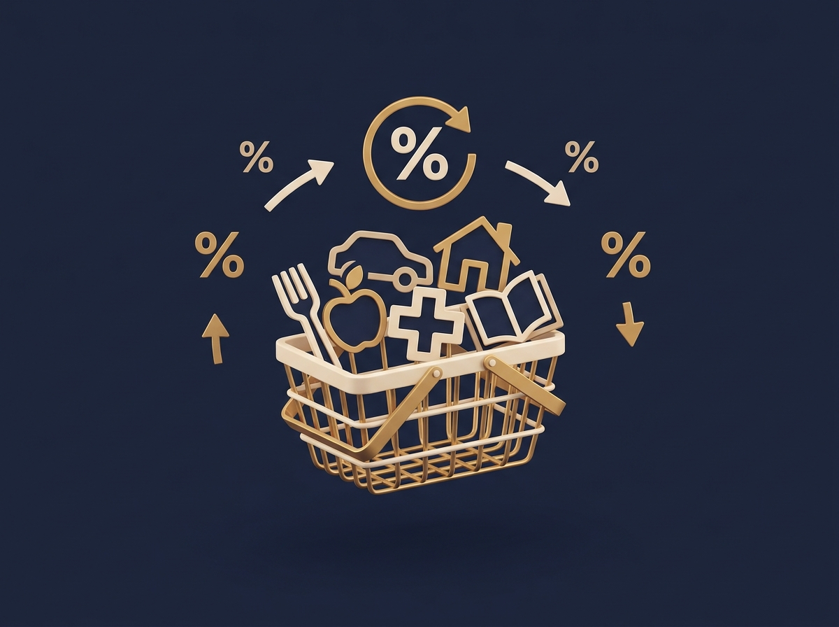 Ilustracao com cesta de consumo dividida em categorias (alimentacao, transporte, habitacao, saude, educacao) mostrando pesos no calculo do IPCA