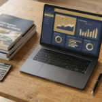 Mesa com laptop mostrando programa de declaracao de IR, informes de rendimento impressos e calculadora simbolizando a declaracao anual de investimentos