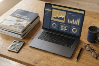 Mesa com laptop mostrando programa de declaracao de IR, informes de rendimento impressos e calculadora simbolizando a declaracao anual de investimentos