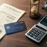 Cartao de credito ao lado de fatura com valores altos, ampulheta e calculadora representando os juros crescentes do rotativo