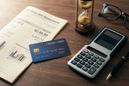 Cartao de credito ao lado de fatura com valores altos, ampulheta e calculadora representando os juros crescentes do rotativo