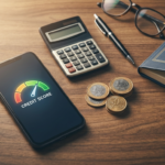 Celular exibindo velocimetro de score de credito com ponteiro na zona verde ao lado de calculadora e moedas simbolizando pontuacao alta