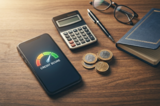 Celular exibindo velocimetro de score de credito com ponteiro na zona verde ao lado de calculadora e moedas simbolizando pontuacao alta