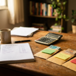 Mesa de escritorio real com caderno de orcamento, tres envelopes com etiquetas coloridas e cedulas brasileiras representando a divisao 50 30 20