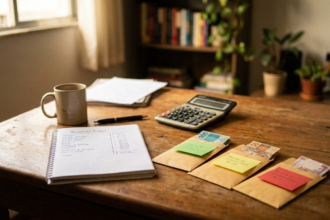 Mesa de escritorio real com caderno de orcamento, tres envelopes com etiquetas coloridas e cedulas brasileiras representando a divisao 50 30 20