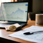 Mesa com notebook mostrando grafico de criptomoeda, moeda de Bitcoin fisica, cedulas de real e formulario de imposto de renda impresso