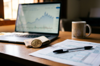 Mesa com notebook mostrando grafico de criptomoeda, moeda de Bitcoin fisica, cedulas de real e formulario de imposto de renda impresso