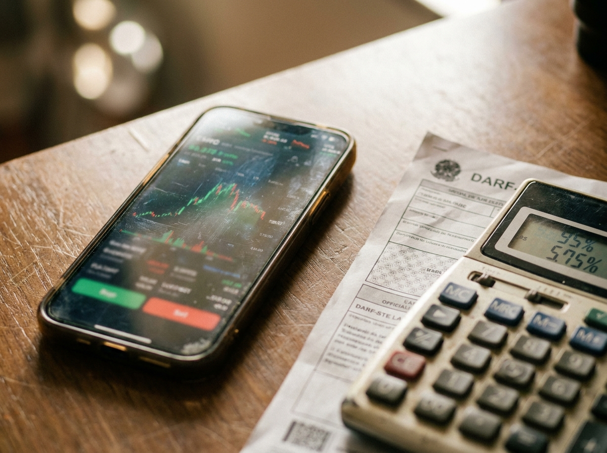 Celular com app de corretora de cripto ao lado de guia DARF impressa e calculadora simbolizando o recolhimento do imposto