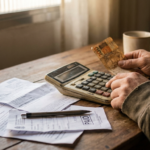 Maos usando calculadora e segurando cedula de real sobre boletos e acordo de negociacao de divida com carimbo de pago