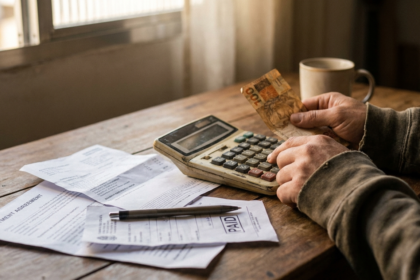 Maos usando calculadora e segurando cedula de real sobre boletos e acordo de negociacao de divida com carimbo de pago