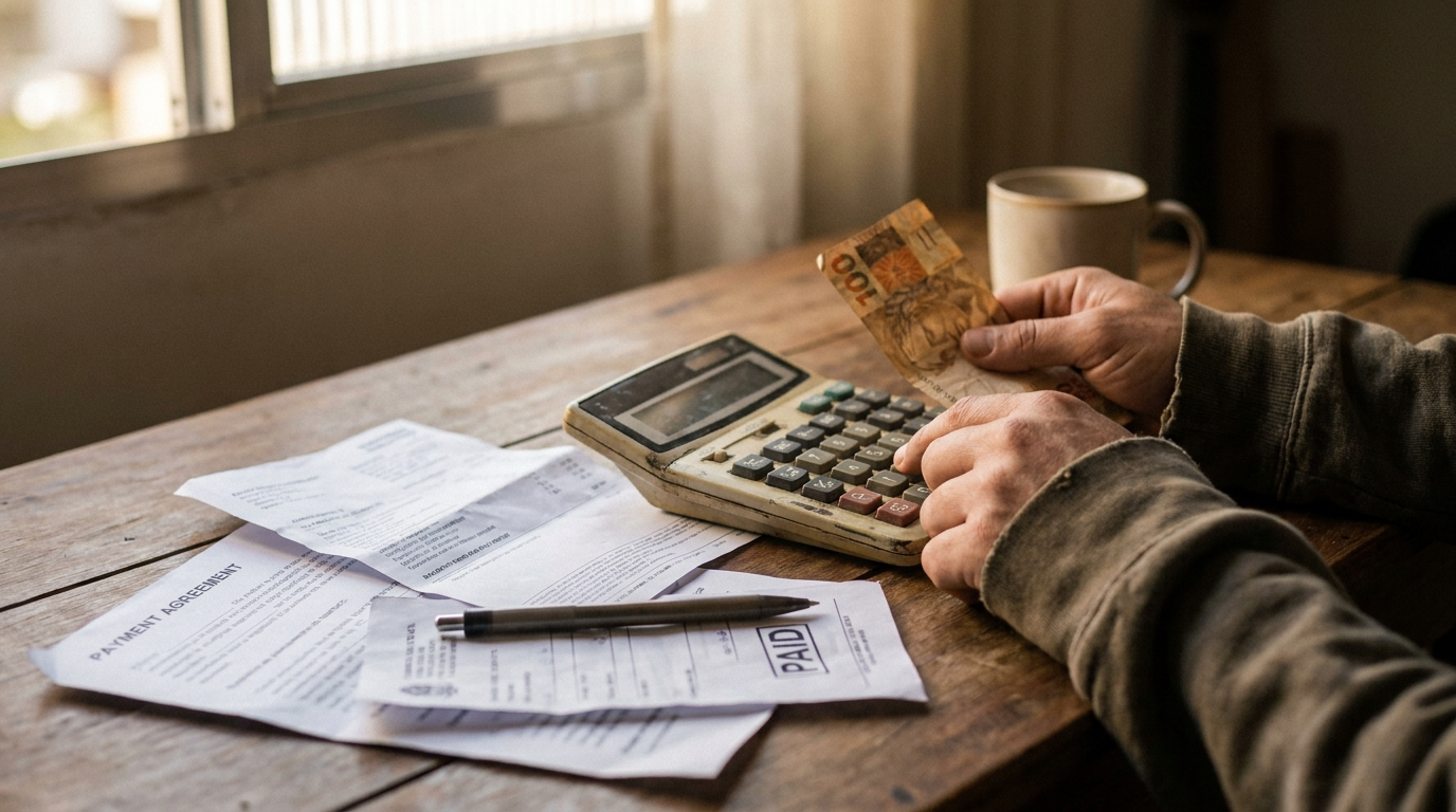 Maos usando calculadora e segurando cedula de real sobre boletos e acordo de negociacao de divida com carimbo de pago