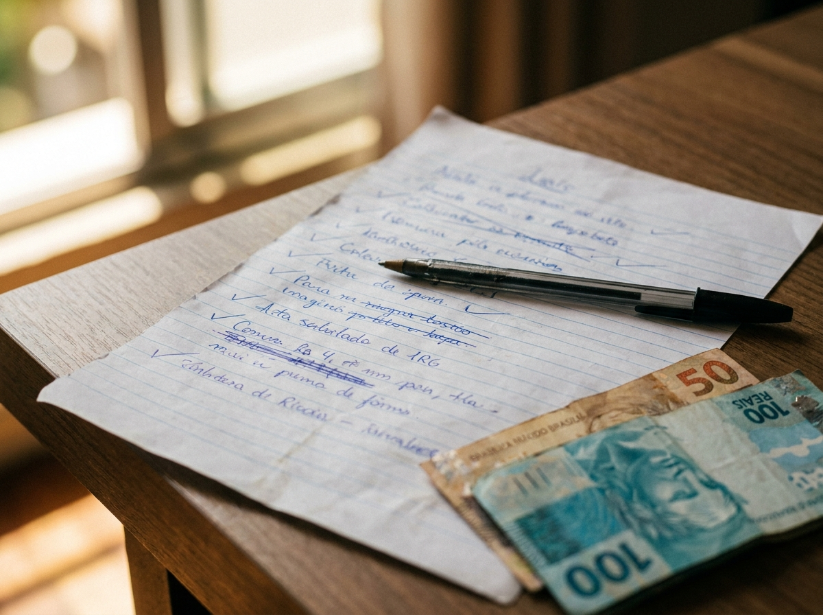 Plano manuscrito de quitacao de dividas em folha de caderno com marcacoes de check azul ao lado de caneta e cedulas de real