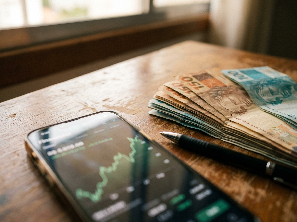 Celular mostrando grafico financeiro em alta ao lado de cedulas de real simbolizando efeito da Selic no rendimento