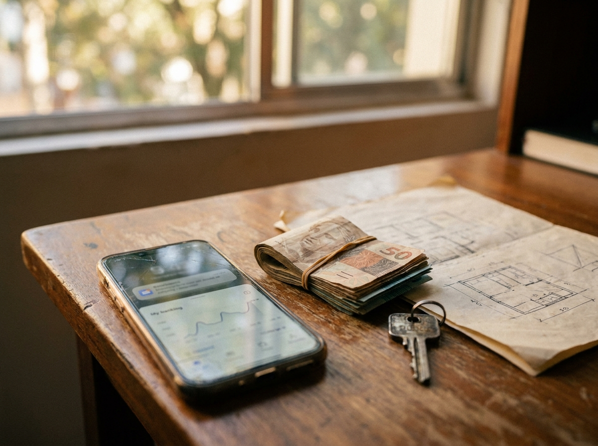 Celular exibindo notificacao de deposito mensal do rendimento de FII ao lado de cedulas de real e chave de imovel