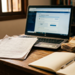 Mesa com chave de imovel, documentos de propriedade, notebook com programa de imposto de renda e cedulas de real