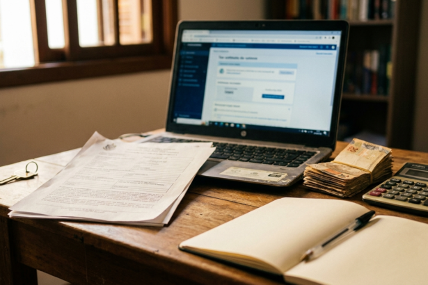 Mesa com chave de imovel, documentos de propriedade, notebook com programa de imposto de renda e cedulas de real