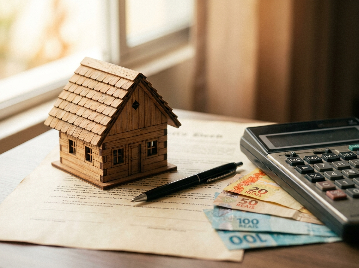 Casa de madeira em miniatura sobre escritura de imovel ao lado de calculadora e cedulas simbolizando a declaracao do imovel
