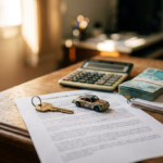 Mesa com chave de imovel e carrinho de brinquedo sobre contrato de consorcio ao lado de calculadora e cedulas de real