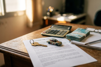 Mesa com chave de imovel e carrinho de brinquedo sobre contrato de consorcio ao lado de calculadora e cedulas de real