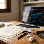 Mesa com certificado de debenture impresso, notebook mostrando grafico de rendimento de renda fixa, cedulas de real e calculadora