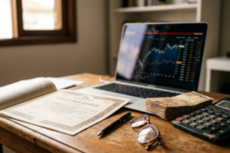 Mesa com certificado de debenture impresso, notebook mostrando grafico de rendimento de renda fixa, cedulas de real e calculadora