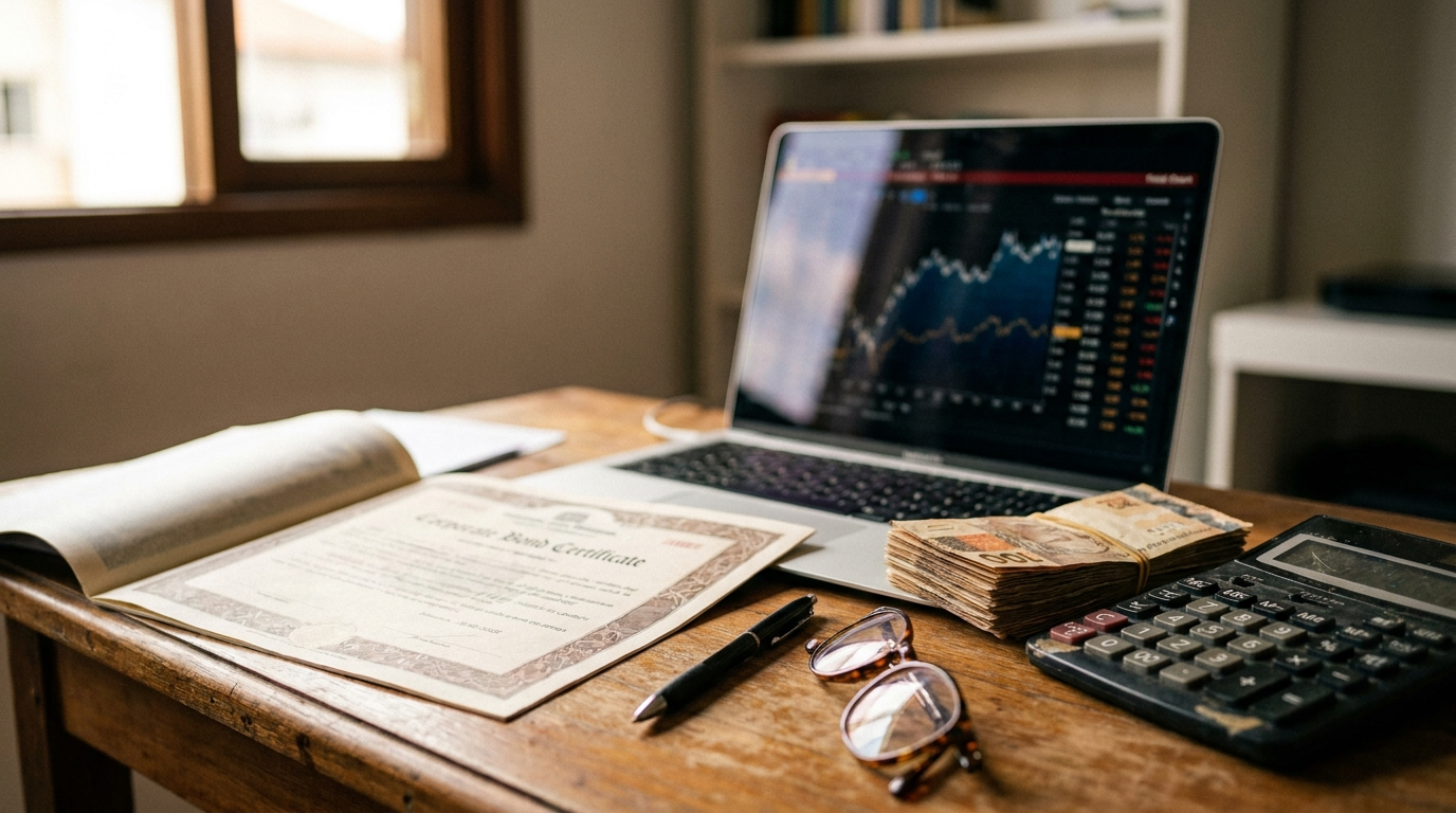 Mesa com certificado de debenture impresso, notebook mostrando grafico de rendimento de renda fixa, cedulas de real e calculadora