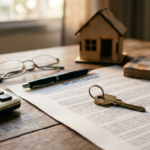 Chave de imovel sobre contrato de financiamento imobiliario com calculadora, casa de madeira em miniatura e cedulas de real