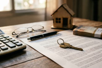 Chave de imovel sobre contrato de financiamento imobiliario com calculadora, casa de madeira em miniatura e cedulas de real